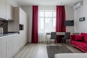 Апарт-отель Barasport city apartments. Апартаменты двухместный DeLuxe Bronze StyleDeLuxe Silver Style с красным диваном 6